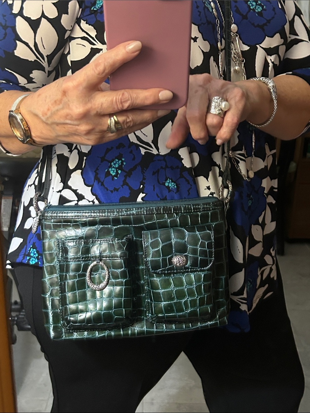 Brighton all Leather Croc-Embossed Green Crossbody Bag with Front Pockets